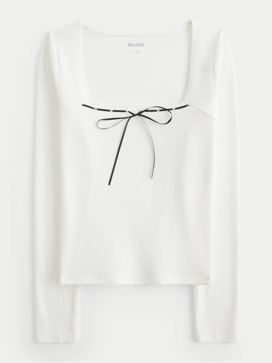 Hollister Tops - Hollister White Ribbed Long-Sleeve Top with Black Bow Tie